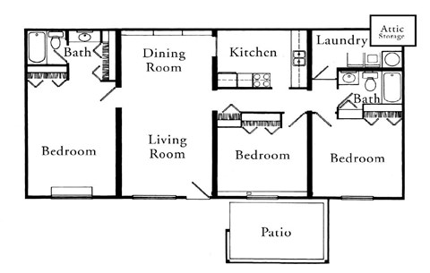 A floor plan of a house with a living room, dining room, kitchen, laundry, and four bedrooms.